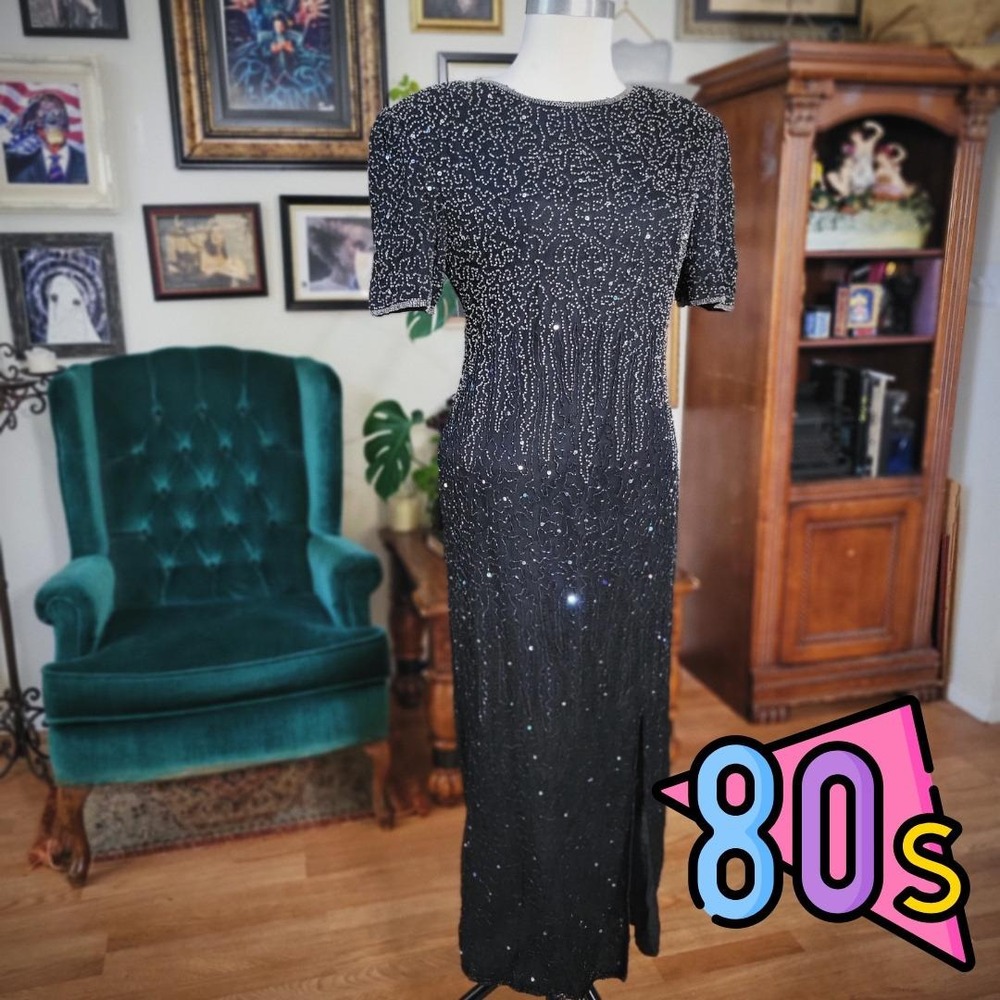 Laurence Kazar Silk Dress Gown Vintage 80s Beaded Black Sequin Maxi Petite Large
